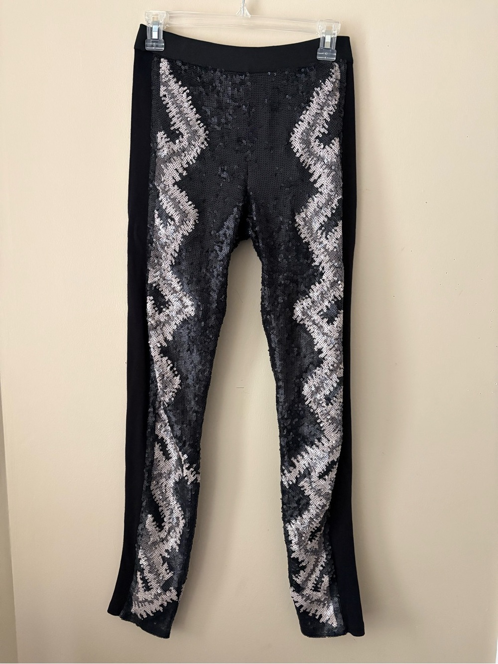 BCBGMaxAzria Black Pull On Pants with Silver and Black Sequin Panels Sz.S